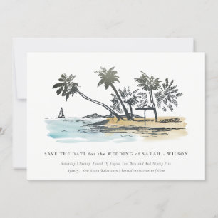 Reserve A Data Elegante Tropical Beach Palm Tree Sketch Watercolo