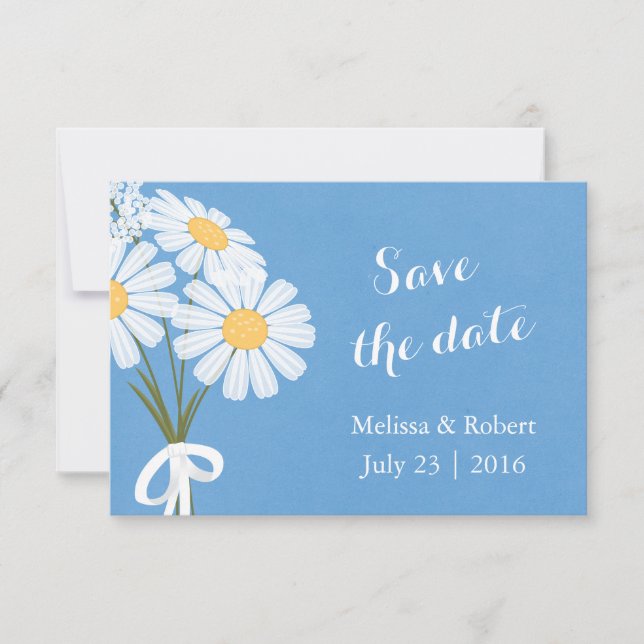 Reserve A Data Elegante White Daisies Blue Salve o Casamento da D (Frente)