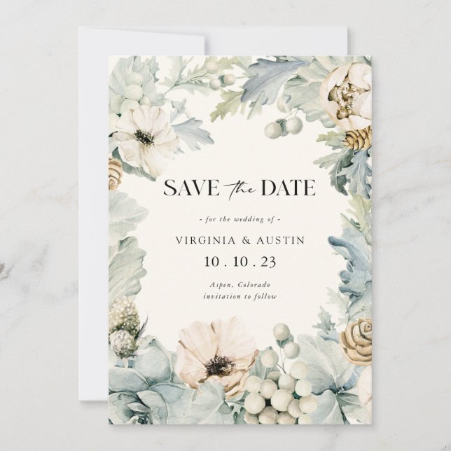 Reserve A Data Elegante Winter Save The Date Card (Frente)