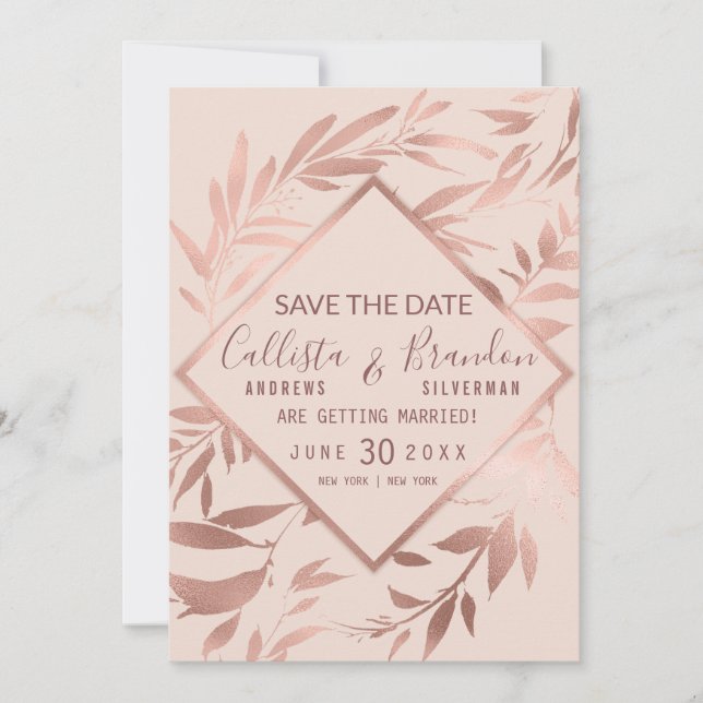 Reserve A Data Elegantes Folhas Florais Rosa em Ouro Rose (Frente)