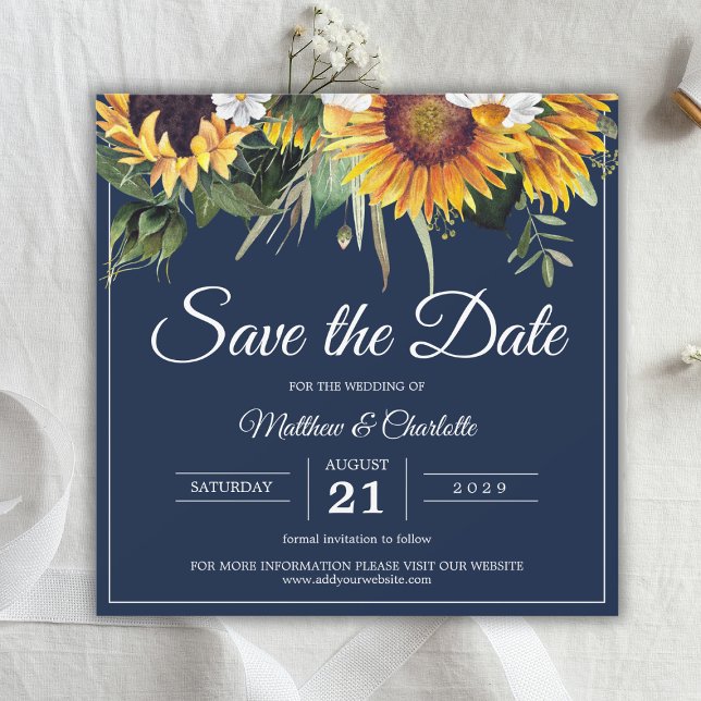 Reserve A Data Elegantes Girassóis Casamento Floral Azul Marinho (Elegant Sunflowers Navy Blue Floral Wedding Save The Date
)