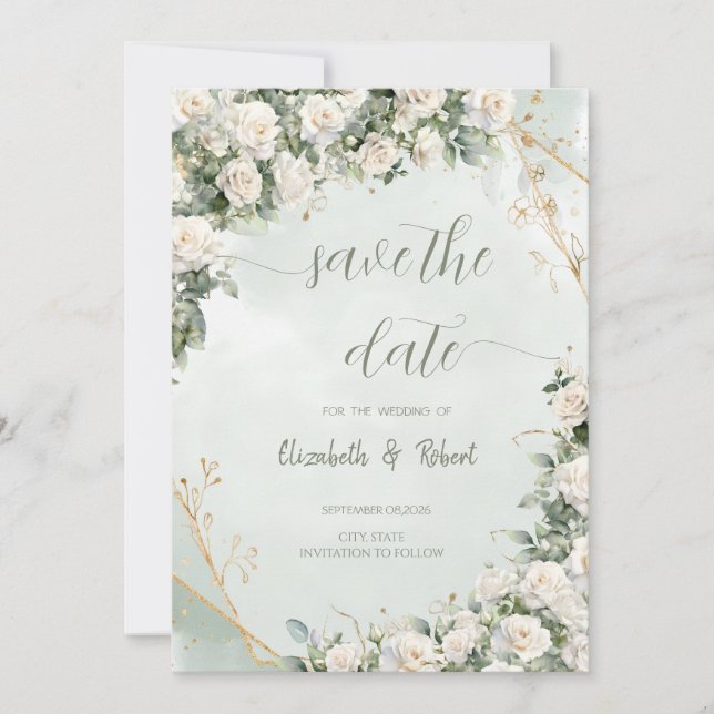 Reserve A Data Elegantes Rosas Brancas Casamento Salve A Data (Frente)