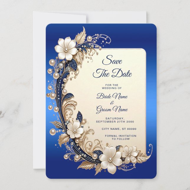Reserve A Data Embelezamento Floral Azul Branco Salve A Data (Frente)