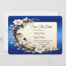 Reserve A Data Embelezamento Floral Branco Azul Salvar A Data