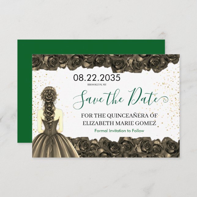 Reserve A Data Emerald & Black Quinceañera Save the Date (Frente/Verso)
