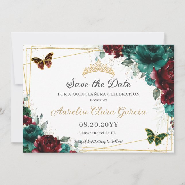Reserve A Data Emerald Burgundy Floral Quinceañera Sweet 16 (Frente)