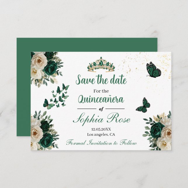 Reserve A Data Emerald Gold Butterfly Tiara Quinceañera Save Date (Frente/Verso)