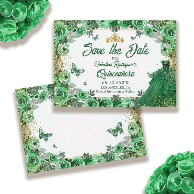 Reserve A Data Emerald Green Dourada Glitter Floral Quinceanera (Emerald Green Gold Glitter Floral Quinceanera Save The Date)