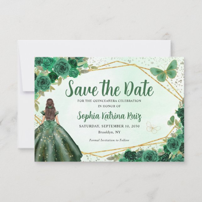 Reserve A Data Emerald Green Dourada Princesa Floral Quinceañera (Frente)
