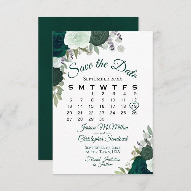 Reserve A Data Emerald Green Floral Elegante Boho Calendário de C (Frente/Verso)