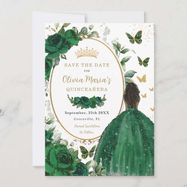 Reserve A Data Emerald Green Floral Princess Dourada Quinceañera (Frente)