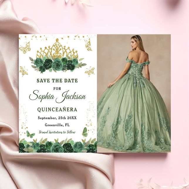 Reserve A Data Emerald Green Floral Tiara Butterfly Quinceanera (Criador carregado)