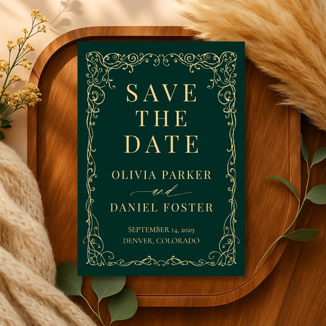 Reserve A Data Emerald Green Gold Wedding Save the Date (Criador carregado)