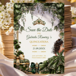 Reserve A Data Emerald Green Golden Tiara Floral Quinceañera