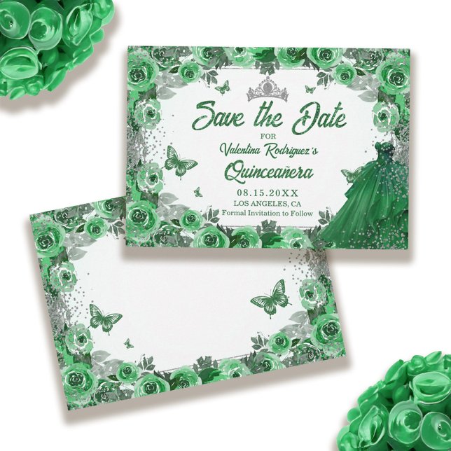 Reserve A Data Emerald Green Silver Glitter Floral Quinceanera (Emerald Green Silver Glitter Floral Quinceanera Save The Date)