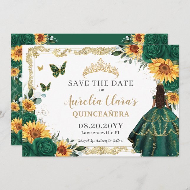 Reserve A Data Emerald Green Sunflower Floral Dourada Quinceañera (Frente/Verso)