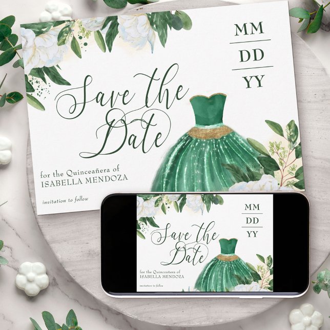 Reserve A Data Emerald Greenery White Peony Quinceanera Princess (Save the Date with Princess Dress from my Emerald Greenery and White Peony Collection)