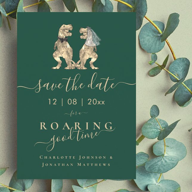 Reserve A Data Engraçado Dinossauro Que Pensou Casamento (Funny dinosaur wedding save the date T-Rex bride and groom dino elegant script)