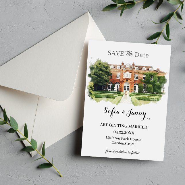 Reserve A Data Esboço de Local de Casamento em Aquarela Elegante (Elegant Watercolor Wedding Venue Sketch Save The Date)