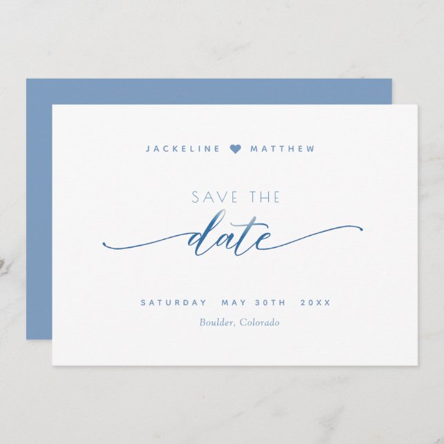 Reserve A Data Escrita Elegante, Azul Dusty, Casamento Simples (Frente/Verso)