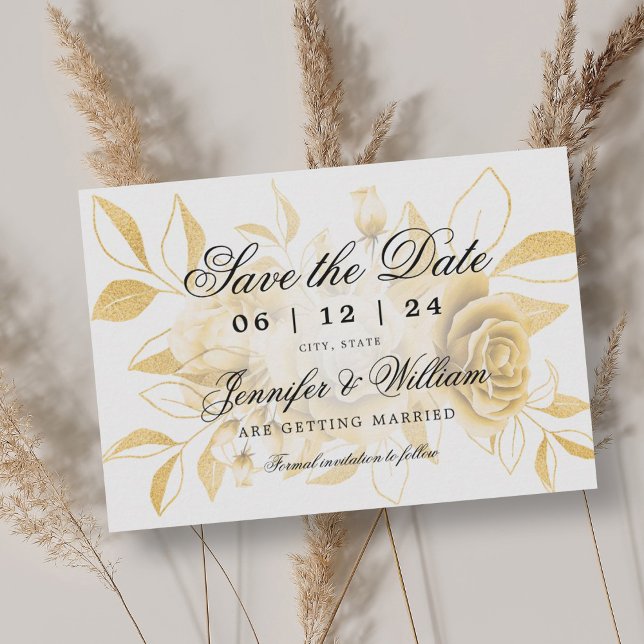 Reserve A Data Escrito Elegante Dourado Floral Romântico Casament (Elegant Script Romantic Wedding Gold Floral Save The Date)