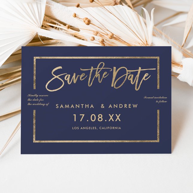 Reserve A Data Escrito em ouro-chic script marinho azul salvar a  (Chic gold frame script navy blue save the date)