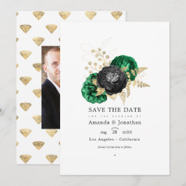 Reserve A Data Esmeralda Escura e Floral Dourado Casamento Salve 