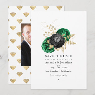 Reserve A Data Esmeralda Escura e Floral Dourado Casamento Salve 