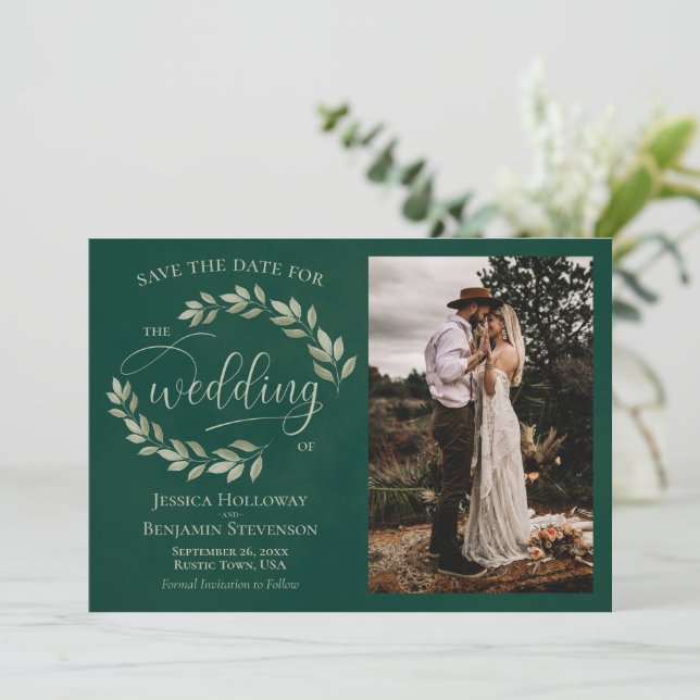 Reserve A Data Esmeralda & Sage Green Folhas e Casamento Fotográf (Em pé/Frente)