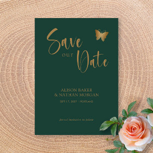 Reserve A Data Esmeralda Verde & Dourado Script com Borboleta Bri