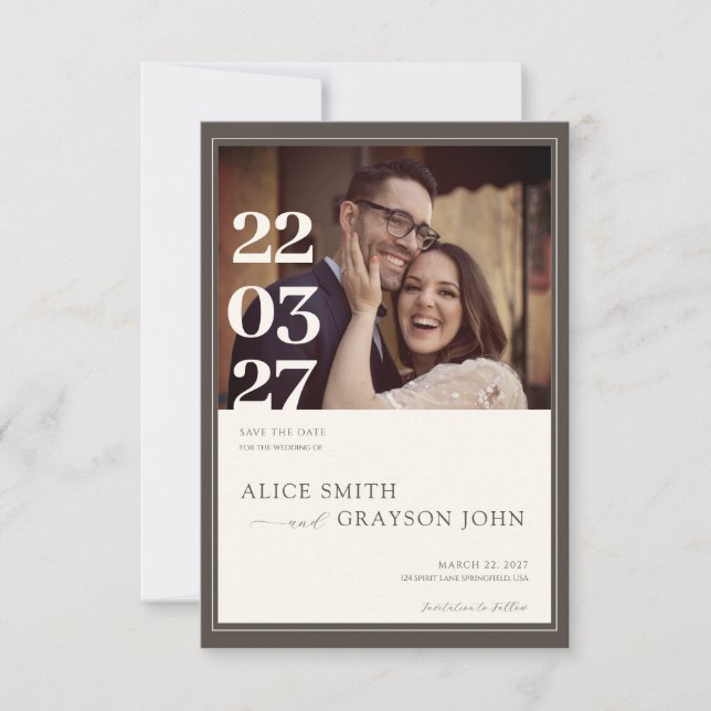 Reserve A Data Espresso Beige Classic Minimalist Photo Wedding (Frente)
