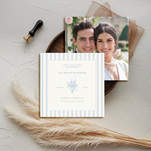 Reserve A Data Estate Chic Blue Stripes Floral Vase Foto Casament (elegant wedding save the date photo template chateau estate garden destination blue periwinkle)
