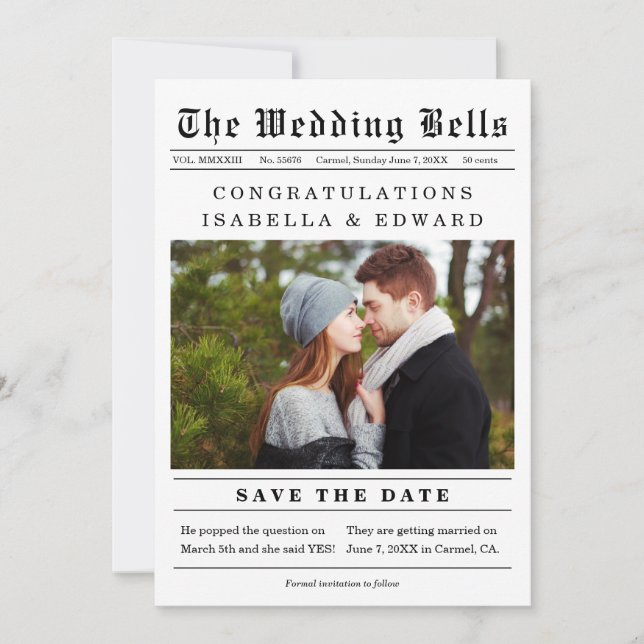 Reserve A Data Estilo de Jornal Antigo para Casamento Salve a Dat (Frente)
