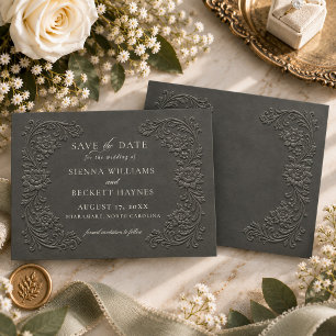 Reserve A Data Estilo Floral Elegante com Relevo em Carvão
