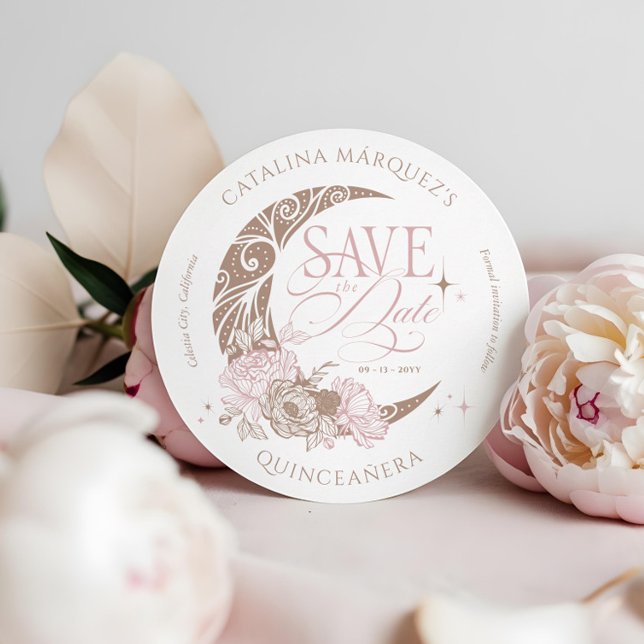 Reserve A Data Estrelas de Lua Celestiais Florais Elegantes Quinc (Elegant Floral Celestial Moon Stars Quinceanera Save The Date)