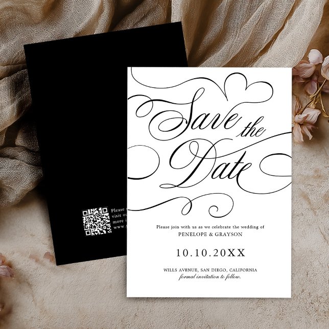 Reserve A Data Eterno de caligrafia preto Código QR casamento (Modern calligraphy timeless Black QR code wedding Save The Date)