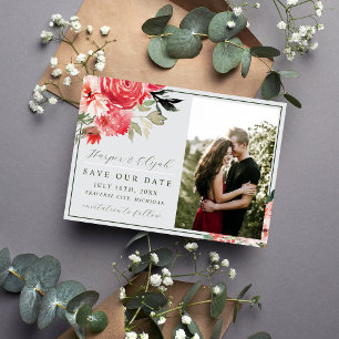 Reserve A Data Eterno Floral Blush Red Greenery Casamento Clássic