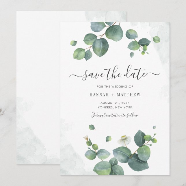Reserve A Data Eucalipto Aquarela Script Vegetação Botânica (Frente/Verso)