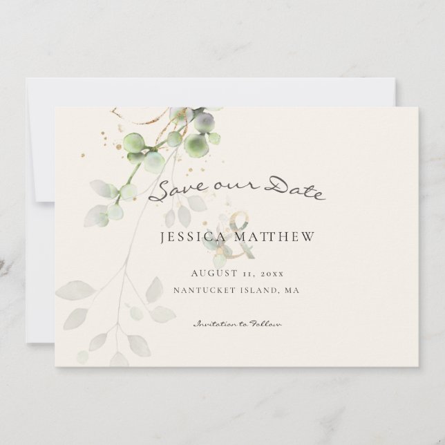 Reserve A Data Eucalipto em Aquarela Moderna | Casamento Dourado  (Frente)