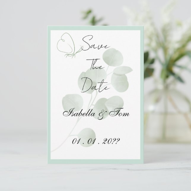 Reserve A Data Eucalipto Personalizado | Casamento Botânico Boho (Em pé/Frente)