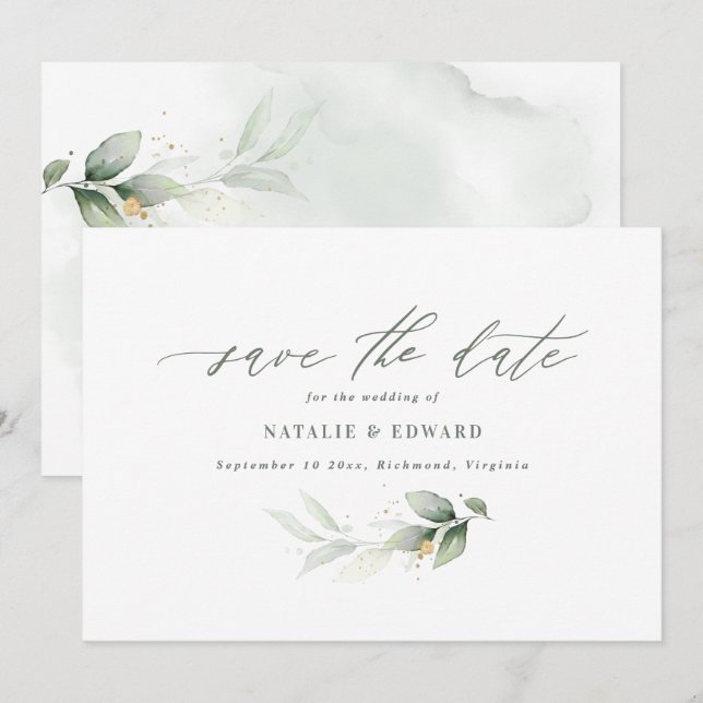 Reserve A Data Eucalipto salgueiro verde dourado casamento avise  (Frente/Verso)