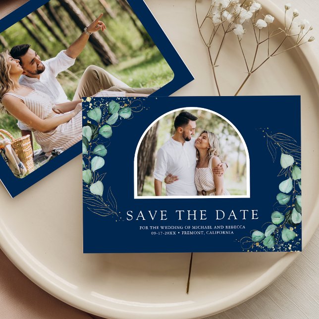 Reserve A Data Eucalyptus Arch Photo Navy Blue Wedding (Criador carregado)