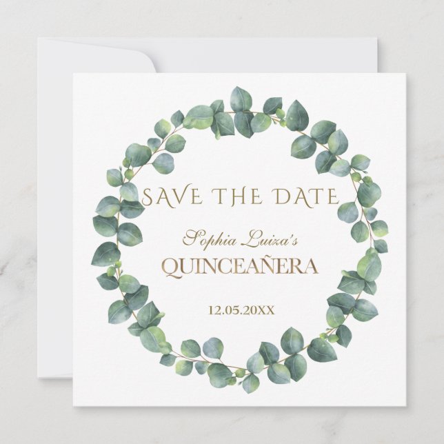 Reserve A Data Eucalyptus Foliage Dourada Quinceañera Elegante (Frente)