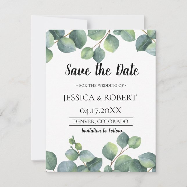 Reserve A Data Eucalyptus Foliage Wedding Save the Date (Frente)