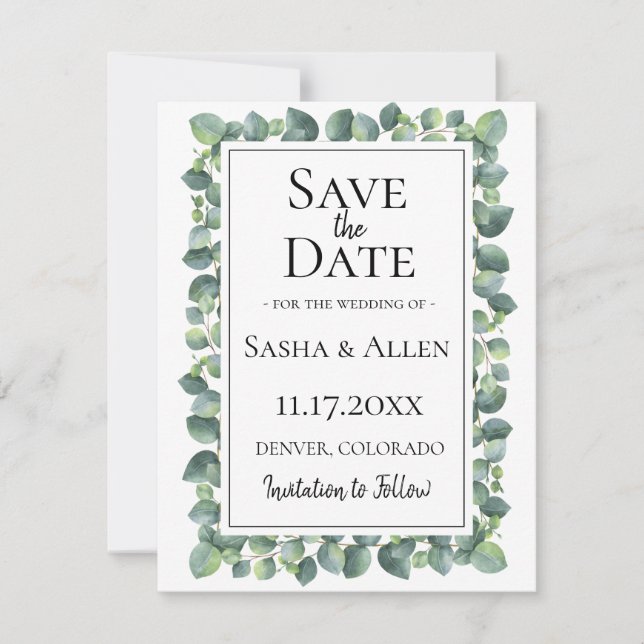 Reserve A Data Eucalyptus Foliage Wedding Save the Date (Frente)