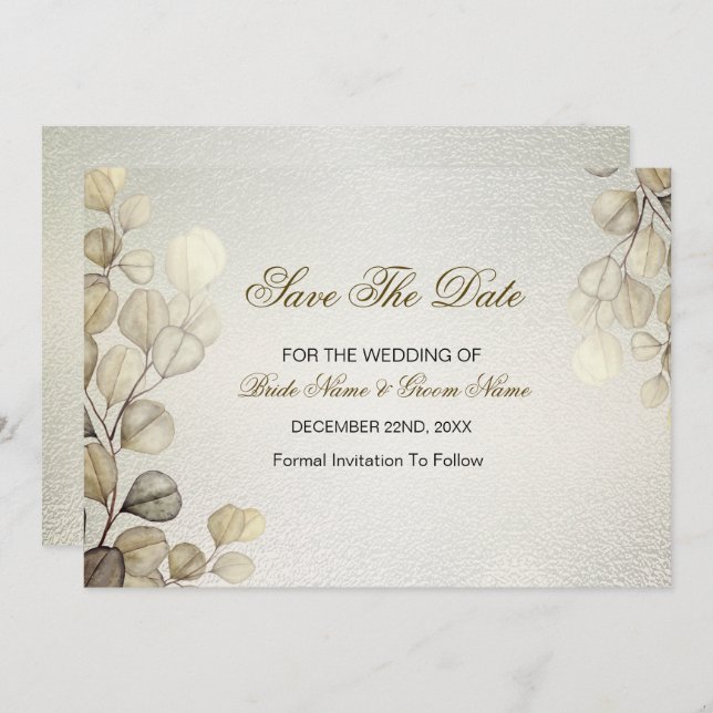 Reserve A Data Eucalyptus Foliage Wedding Shiny Dourado com Aquar (Frente/Verso)