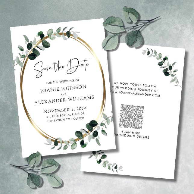 Reserve A Data Eucalyptus Greenery Dourado Metálico Salvar a Data (Eucalyptus Greenery QR Code Gold Metallic Wedding Save the Date)