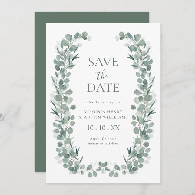 Reserve A Data Eucalyptus Photo Save The Date (A Foto Eucalyptus  (Frente/Verso)