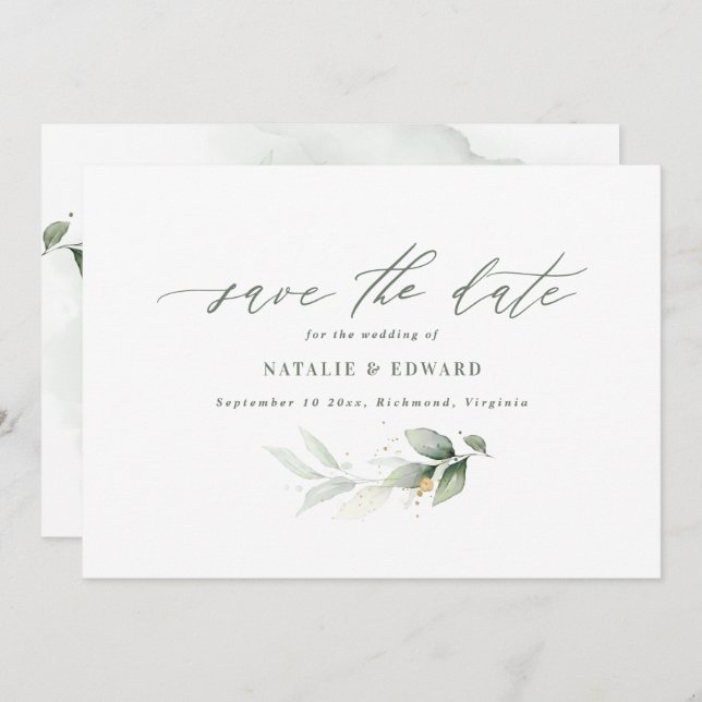 Reserve A Data Eucalyptus sage green gold casamento salvar a data (Frente/Verso)