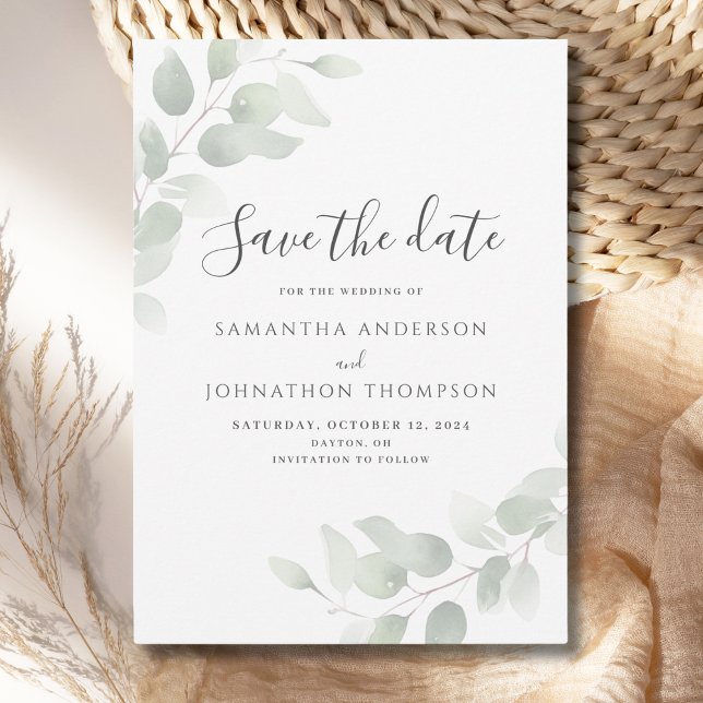Reserve A Data Eucalyptus Wedding Flat Save The Date Card (Criador carregado)